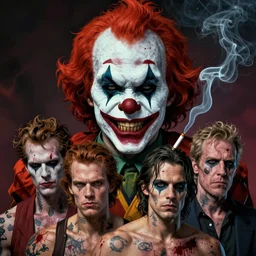 4 k headshot of scary godlike psychedelic clown smoking a cigarette from macfarlane comics, ( ( ( teeth ) ) ) tattoos by craig mullins, ilya kuvshinov, indomitable, wild hair, krenz cushart, blood spatter, muscular, symmetry accurate features, epic, artgerm trending on artstation by edward hopper and dan mumford and wlop and rutkovsky,