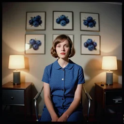 kodak portra 4 0 0, wetplate, 8 mm extreme fisheye, award - winning colour portrait by britt marling : a 1 9 6 0 s room, blueberry, square square picture frames, concrete, shining lamps, 1 9 6 0 s metal furniture, no people