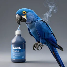 blue macaw, smoke mixing fluid, octane render