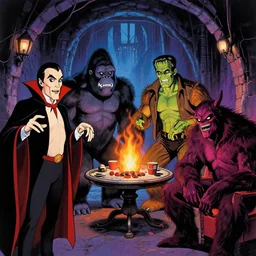 4 classic movie monsters, dracula. king kong. frankenstein. werewolf. meeting at an underground castle lair scene illustrated by basil gogos, colorful, inspired by film noir