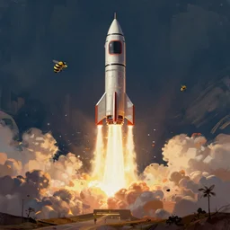 retro rocket taking off digital painting by picasso, beeple