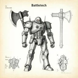 battletech mech with axe for a hand cross - section blueprints by thomas hubert. in the style of a 1 9 0 3 patent design diagram