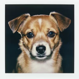 a extreme close - up photo, color studio photographic portrait of a little dog, dramatic backlighting, 1 9 7 3 polaroid photo from life magazine,