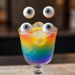 eyeballs floating in a delicious looking glass of a rainbow colored drink mixing intensely