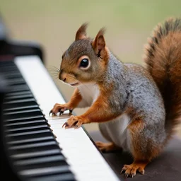 Squirrel playing the piano with keyboard visible hyper realistic