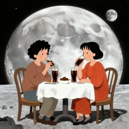un couple assis autour d'une table boivent un coca cola sur la lune