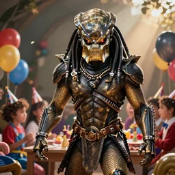 predator from the movie predator doing entertainment for kids at a birthday party