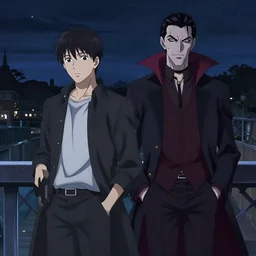 two young men, one man human, one man vampire, night, on a birdge anime style