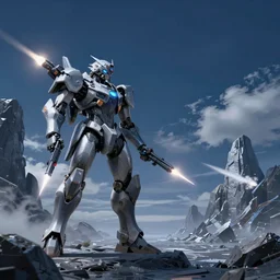 a armored core v by liam wong, fromsoftware, booster flares, laser rifles, smoke, karst landscape ; wide shot, dark blue sky, cloud, empty wilderness ground ; digital painting, cinematic contrast, dynamic backlighting, sharp edge, motion blur