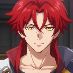 hisoka anime male 2 0 years old male evil sharp features very very narrow yellow eyes red red crimson soft hair thin lips arch eyebrows anime pixiv smooth skin overwatch moira hairstyle art by wlop ruan jia
