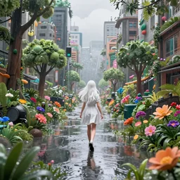 white haired girl walking in a vibrant flooded city, city ruins rainy day, lots of trees, dense vegetation, unreal engine, high octane,, volumetric lighting, ray tracing, rtx on, exposure, god rays, overcast, ambient lighting, blooming flowers, 3 d render, cinematic, subtle, vibrant colors, photo, ultra realistic, hyper realistic, extreme detail, bleeding edge graphics, 4 k, 8 k, hdr,