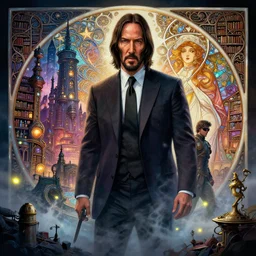 John Wick, Doom Eternal, steampunk city, magic library, carving on southern ice porcelain , overdetailed art, by greg rutkowski, by Alfons Mucha, complementing colors, colorful lights, fireflies, detailed illustration, octane render, smoky