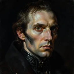 a dark baroque sci - fi close - up portrait of a retrofuturistic man. reflective detailed textures. gloomy lighting, black background by michel gueranger. highly detailed fantasy science fiction painting by, moebius, norman rockwell, frank frazetta, and syd mead. high contrast. artstation