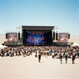 analog photograph led zeppelin performing with a crowd in a stage in the atacama desert by byanka zhuravleva and ary scheffer. kodak portra film!!. whirl bokeh!. mamiya 7. highly detailed. hq. photoreal. golden hour. in - frame