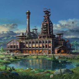 a beautiful detailed highly detailed industrial architecture nature train station abandoned city unfinished building building architecture by alvar aalto, at night lake at dusk studio ghibli landscape nature otherworldly meadow gem biopunk tron tundra, archdaily, wallpaper, highly detailed, trending on artstation.