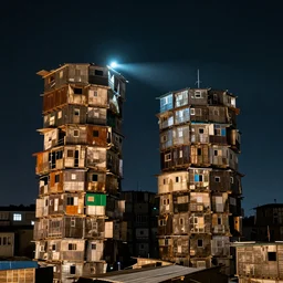 close - up towers made up of makeshift squatter shacks, night time, flash light, mamiya, f 1. 7, photographed by uta barth