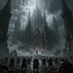 grimdark fantasy fortress, trench crusade soldiers, terrifying architecture, looming, dark, fog, atmospheric cold lighting, dark souls, hyperrealistic, art by sparth