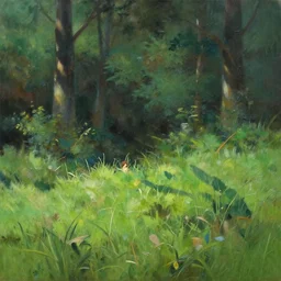 a photograph of a small grassland nestled in a forest, maximalist style, soft edges, finely detailed oil painting, impasto brush strokes, soft light, 8 k, dramatic composition, studio lighting, sharp focus, octane render, ray traced shadows, masterpiece, by makoto shinkai and akira toriyama and hayao miyazaki and claude monet