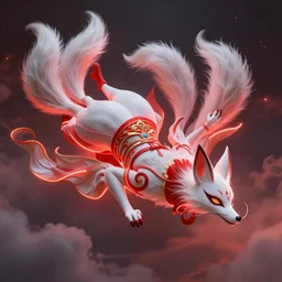 kitsune goddes laying in the sky, fluent composition, red and white neon, concept art, ambient light, 4 k, intricate details, highly professionally detailed, cgsociety, highly detailed -