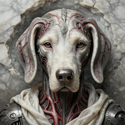 a human with dog head, blood vesels, dystopian surrealism, artstyle alex ries zdzisław beksinski, symmetry accurate features, very intricate details, high resolution, 4 k, symmetrical long head, smooth marble surfaces, detailed ink illustration, metal gear, cinematic smooth stone, deep aesthetic, concept art, post process, carved marble texture silk cloth, latex skin, highly ornate intricate details, in the style of wlop