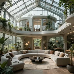 residential living room inside enormous greenhouse, aetherpunk architecture, interior view digital detailed matte painting