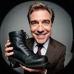andy richter wearing a brown suit and necktie, ultra hd photo, 3 5 mm close up, fish eye, realistic, smiling, holding a black work boot