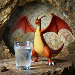 arceus having a cold glass of water, cave painting