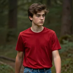 portrait, teenager, slight freckles, brown hair, thin eyebrows, eyes, red shirt, blue jeans, walking in forest, detailed face, realistic photo.