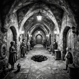 black and white one point perspective meadhall dungeon cozy fantasy dungeon hallway view with pit in the middle of the ground by artgerm and Craig Mullins, James Jean, Andrey Ryabovichev, Mark Simonetti and Peter Morbacher 16k