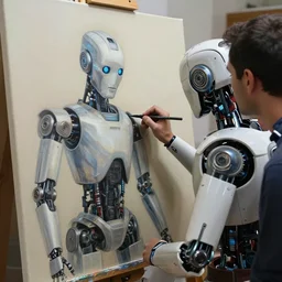robot painting a robot on canvas, intricate, highly detailed, photorealistic, film still, by ismail inceoglu.