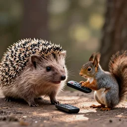 a photo of a hedgehog angry at a squirrel for hogging the tv remote control
