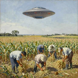 a painting of a group of farmers harvesting in a corn field, in the sky an alien UFO flies by. In the style of neo rauch, made by neo rauch.
