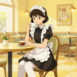 A girl in a maid's outfit in a cafe a afternoon, yellow theme,S line,45 angel by krenz cushart and mucha and range murata and greg rutkowski