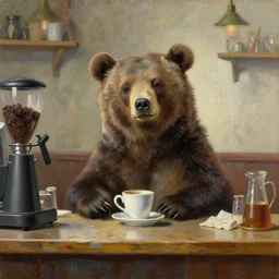 high quality high detail painting by ilya repin, friendly bear sitting behind the counter of coffeeshop, hd