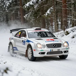 a 2 0 0 3 mercedes - benz clk 5 5 amg, racing through a rally stage in a snowy forest