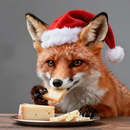 A Detailed Award Winning Masterpiece, trending on artstation, 4k, of a fox wearing a santa hat, eating a cheese platter