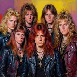 apocalyptic scifi orcish biker gang posing together for a professional group photo, psychedelic vibrant colors, punk rock fashion, oil painting by michael whelan art, perfect faces, sharp focus, detailed eyes, realistic, long hair, leather jackets, 8 0 s hairstyles, 8 k