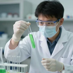 a scientist looking at a test tube full of green liquid in a lab