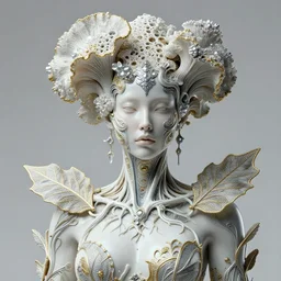 intricate hyper detailed ultra sharp natural global soft light 3 d render of a beautiful smooth porcelain skin fascinating seductive cyborg woman portrait, medium shot portrait, alexandre ferra, deeply cyberpunk art nouveau haute couture huge fractal white silver gold mycelum and crystal pore fungi head ornaments, big embroidered leaves filigree spreaded roots, octane render, volumetric cinematic lighting, 8 k, vray tracing