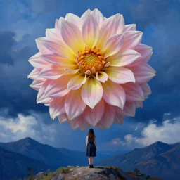 closeup giant dahlia flower crown as head, girl standing on mountain, surreal photography, blue storm clouds, dramatic light, impressionist painting, digital painting, artstation, simon stalenhag