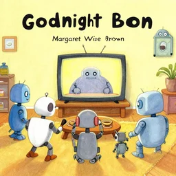 an illustration of robots watching tv in the style of goodnight moon by margaret wise brown