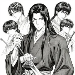 portrait of anime man with long hair wearing a dark robe holding a rapier, pen and ink, intricate line drawings, by craig mullins, ruan jia, kentaro miura, greg rutkowski, loundraw