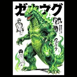 professionally drawn seinen mature cyberpunk kaiju horror action manga comic cover, full color, beautifully drawn coherent professional, drawn by ilya kuvshinov, ilya kuvshinov, satoshi kon, kentaro miura, dave mckean, tsutomu nihei. japanese script kanji hiragana on the cover. minimalist stylized cover art. green fire cel shaded