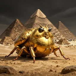 giant gold fat bug statue, darkness, egypt piramids on horizon, fantasy dnd art, evil fluid, desert, by greg rutkowski