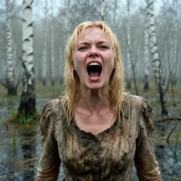1 9 7 0 s movie still close - up portrait of a blonde woman in a dirty dress yelling in a swamp with birch forest, snow, cinestill 8 0 0 t 3 5 mm by tarkovsky, heavy grain, high quality, high detail, mud, fog, rain