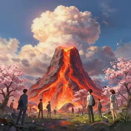 lava, cherry blossoms, cumulonimbus, unreal engine, fantasy art by greg rutkowski, loish, rhads, ferdinand knab, makoto shinkai and lois van baarle, ilya kuvshinov, rossdraws, tom bagshaw, global illumination, radiant light, detailed and intricate environment