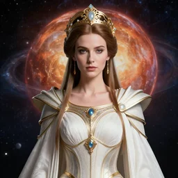 portrait of the powerful empress of the solar system in the style of anna dittmann and in the style of stephan martiniere. glowing, ornate and intricate linework, stunning, dynamic lighting, ultrafine and hyperdetailed.