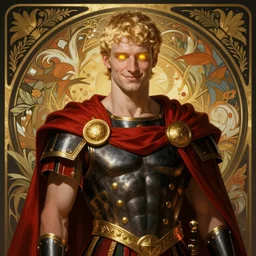 the pale blond male praetorian centurion lucius smirking, sci fi, glowing eyes, volumetric lights, red and black and gold theme, long cape, art nouveau botanicals, intricate, highly detailed, digital painting, artstation, concept art, smooth, sharp focus, cinematic, illustration, beautiful face, art by artgerm and greg rutkowski and alphonse mucha
