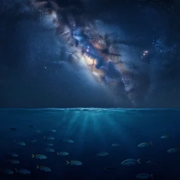 i am at the bottom of the ocean looking up, see fishes swimming, the milk way up above, night time, midnight. highly detailed painting by, greg rutkowski 8 k
