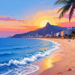 vibrant digital art beach city sunset blue waves mountain